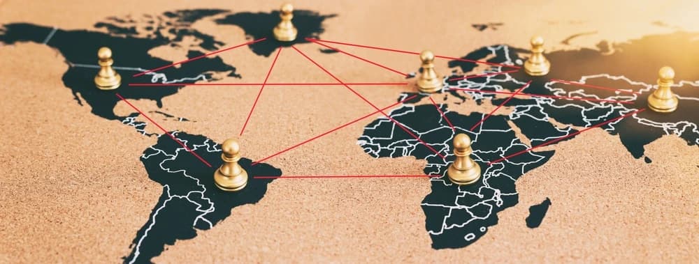 World map illustrating geopolitical connections among countries.