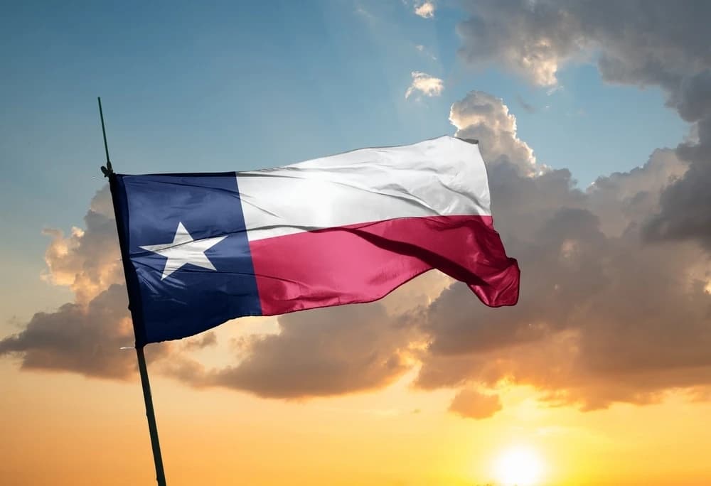 Texas state flag in front of a sunset