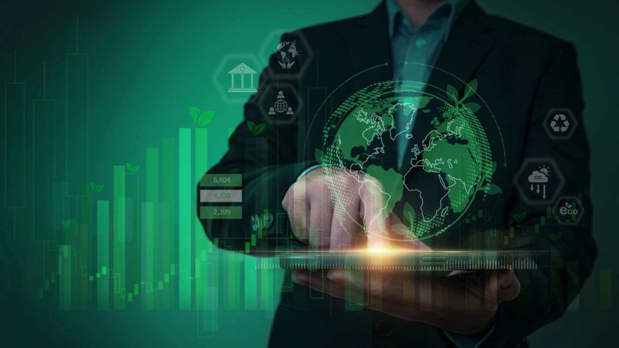 Investor analyzing impact investing trends overlaid with graphs