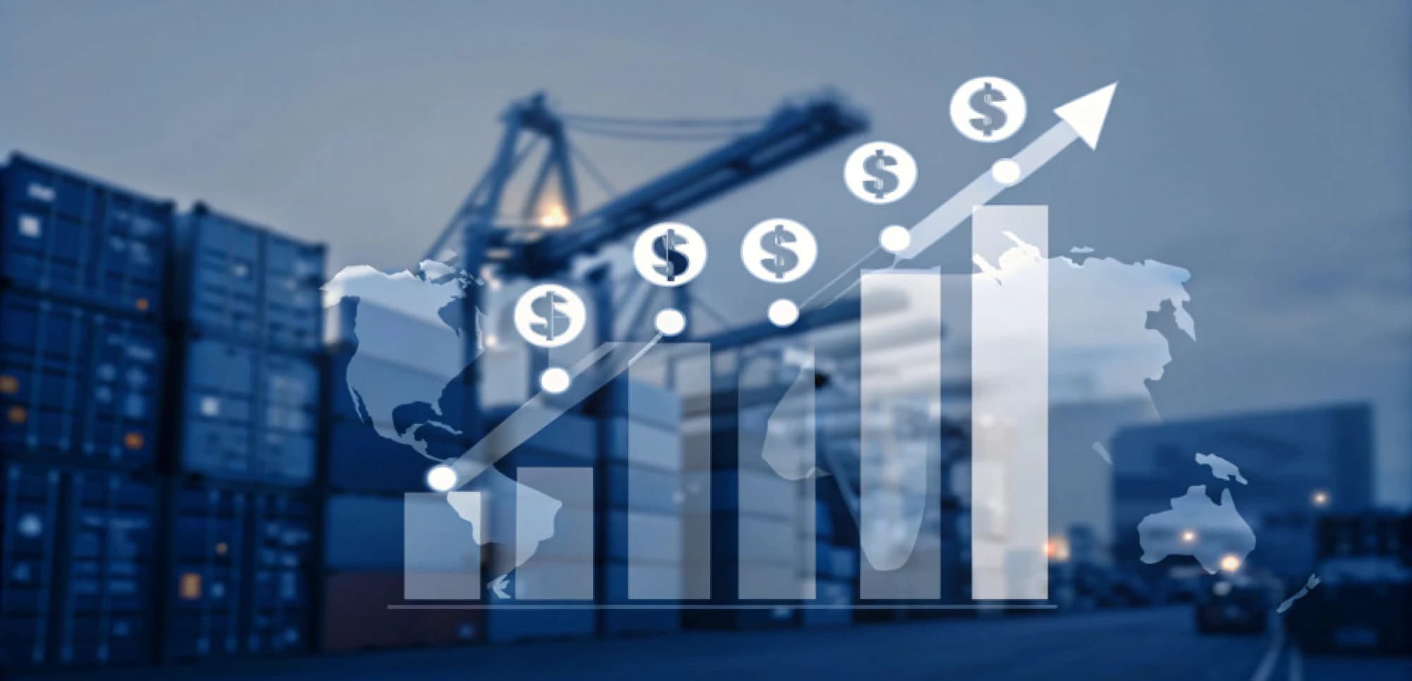 A bar graph representing the increasing cost of tariffs overlaid on a cross-border shipping facility