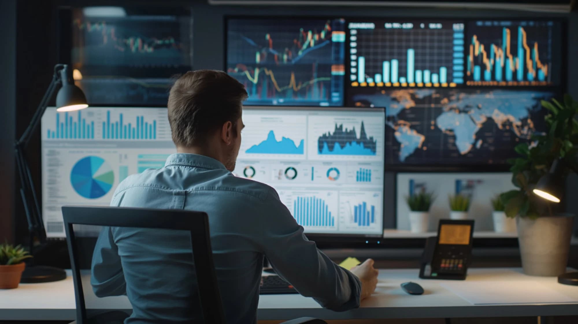 A finance professional reviewing market trends displayed on computer screens