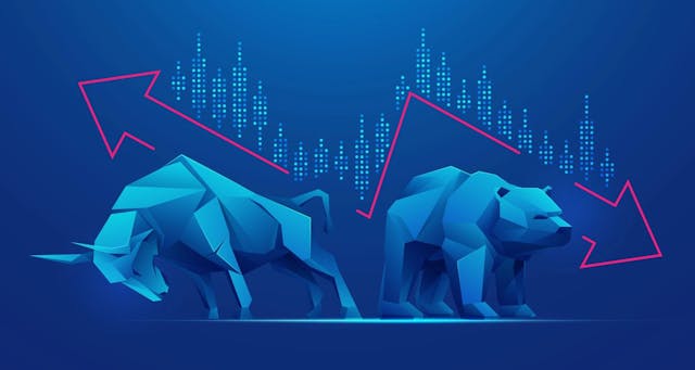 Graphic image of a bull and a bear overlaying a graph