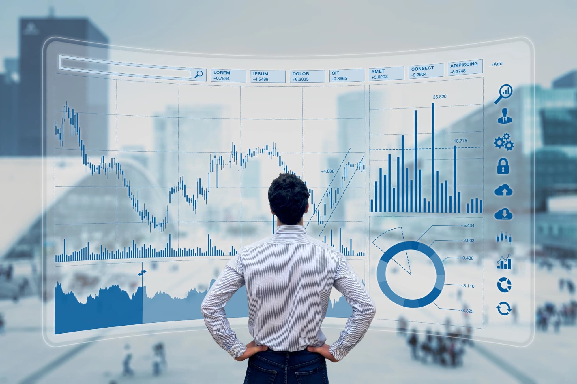 Investor analyzing the markets via graphic charts