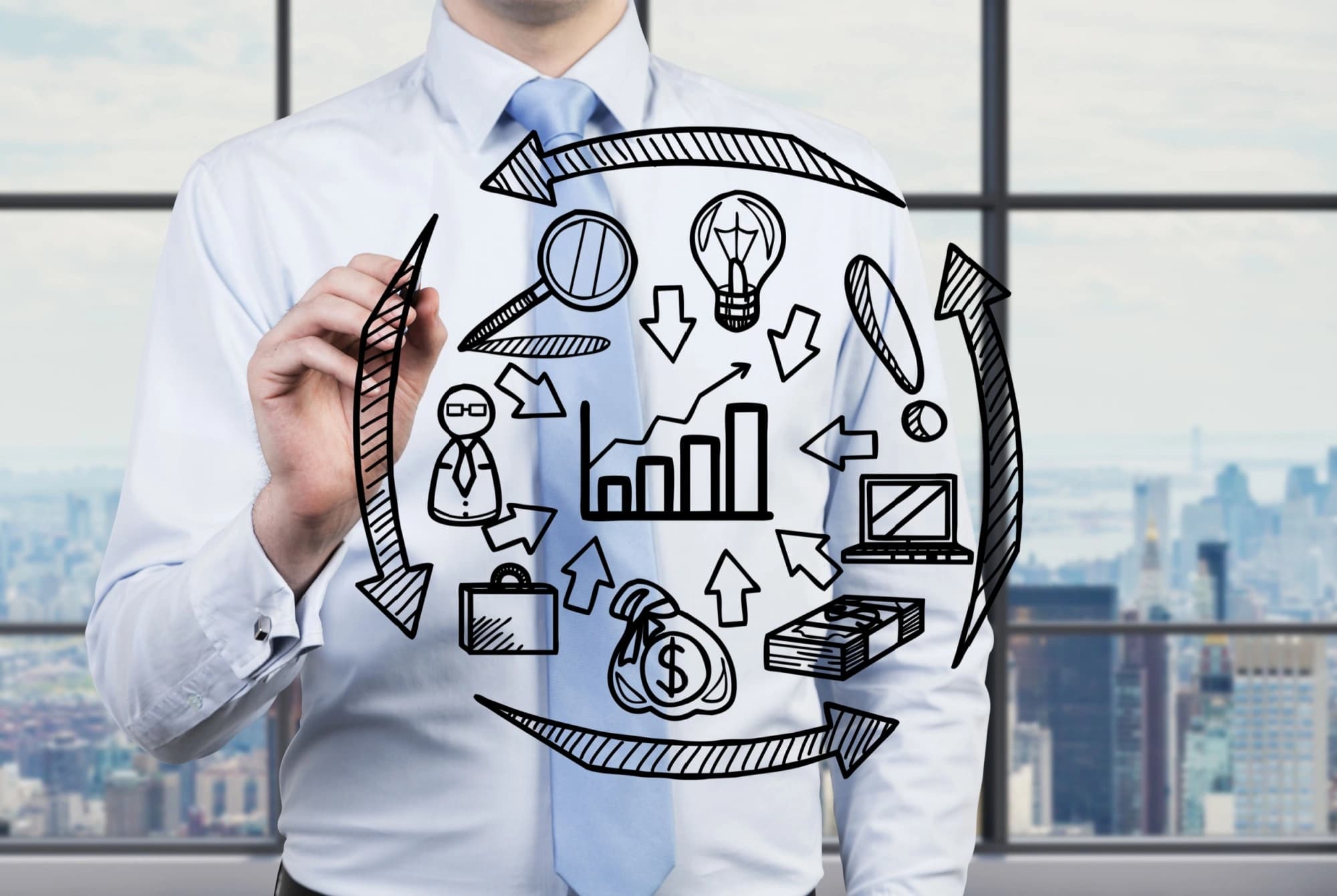 Businessman drawing out his entire financial life cycle