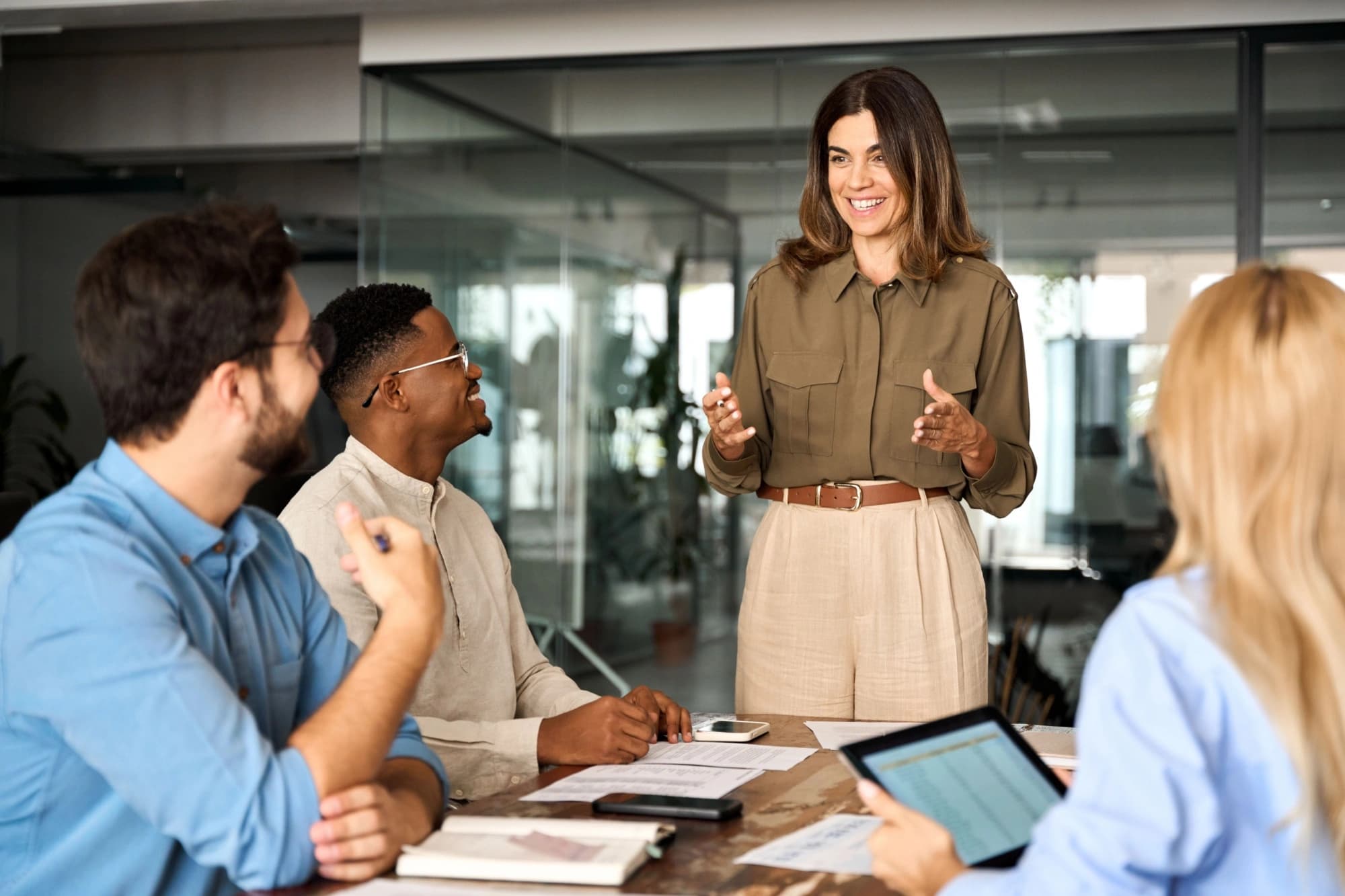 Businesswoman leading an investment strategy meeting