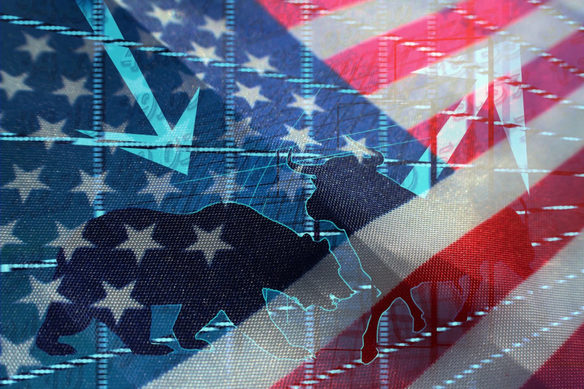 The bear and bull stock market symbols overlaid on an American flag background